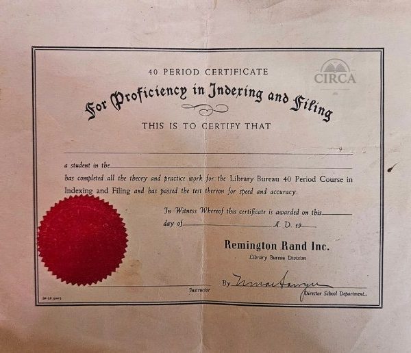 Vintage Certificate – Remington Rand Inc. (Library Bureau Division) – Indexing & Filing Proficiency – ca. 1930s–50s
