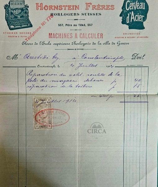 Antique Commercial Invoice – Hornstein Frères, Constantinople 1914 – Swiss Watchmakers with Ottoman Fiscal Stamp Description: