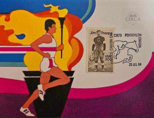 1984 Olympic Torch Postal Card – Robert Peak Artwork – Jim Thorpe FDC