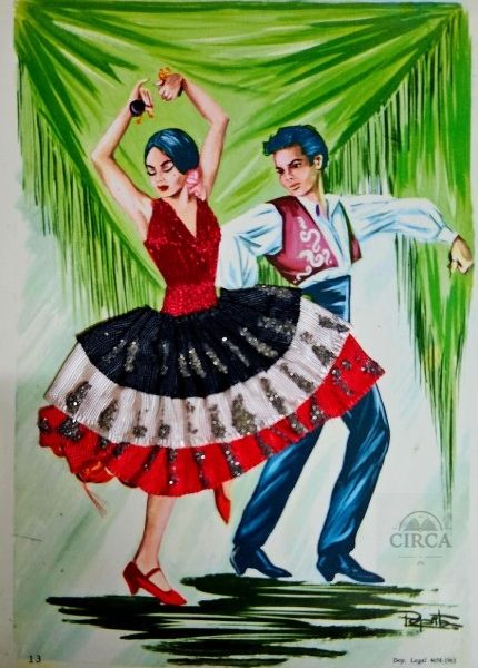 1966 Spanish Flamenco Dancers Postcard – Palma de Mallorca – Fabric Skirt – Mailed to Greece