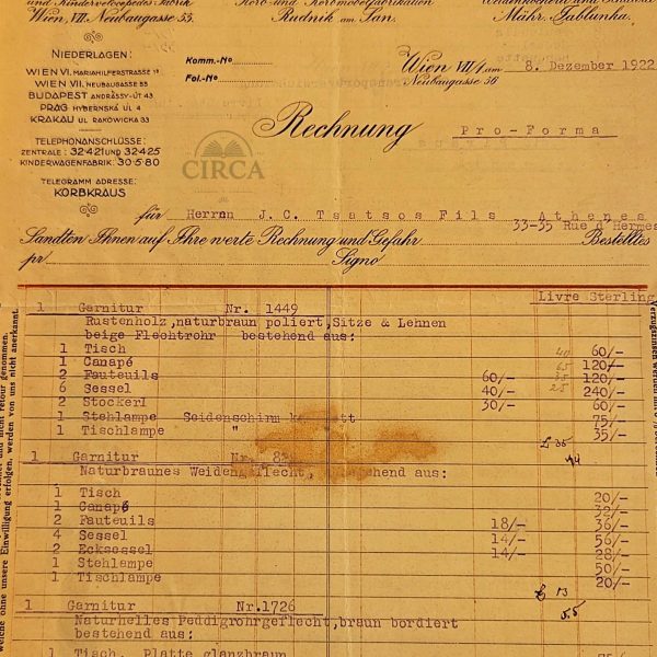 1922 Pro-Forma Invoice & Letter – Prag-Rudniker Korbwaren-Fabrikation (Vienna) to J.C. Tsatsos & Fils, Athens – Linked to the Tsatsos Family of President Konstantinos Tsatsos --- 1922 Προφόρμα Τιμολόγιο & Επιστολή – Prag-Rudniker Korbwaren-Fabrikation (Βιέννη) προς J.C. Tsatsos & Fils, Αθήνα – Σύνδεση με την οικογένεια του Προέδρου Κωνσταντίνου Τσάτσου