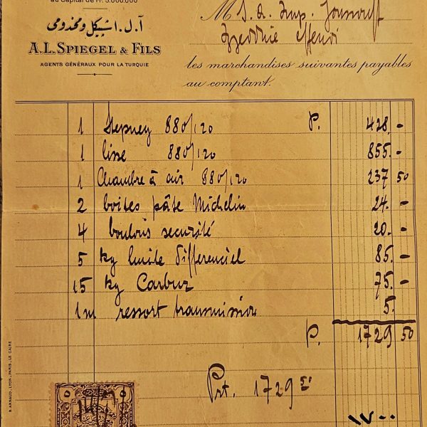 Invoice from Panhard & Levassor, Constantinople 1913 – with Ottoman Fiscal Stamp