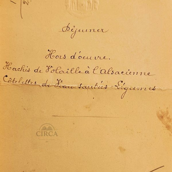 Greek Royal Luncheon Menu Card c.1900 – Embossed Royal Coat of Arms, Handwritten French