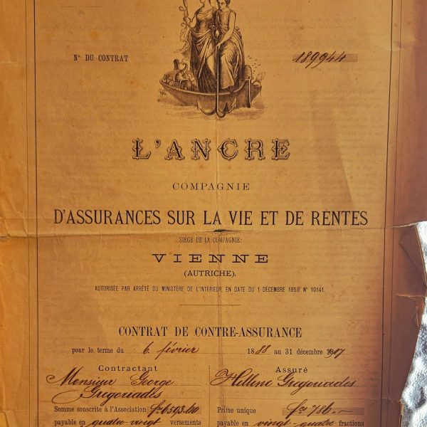 Life Insurance Contract – L’Ancre Company, Vienna & Smyrna (1888–1912)