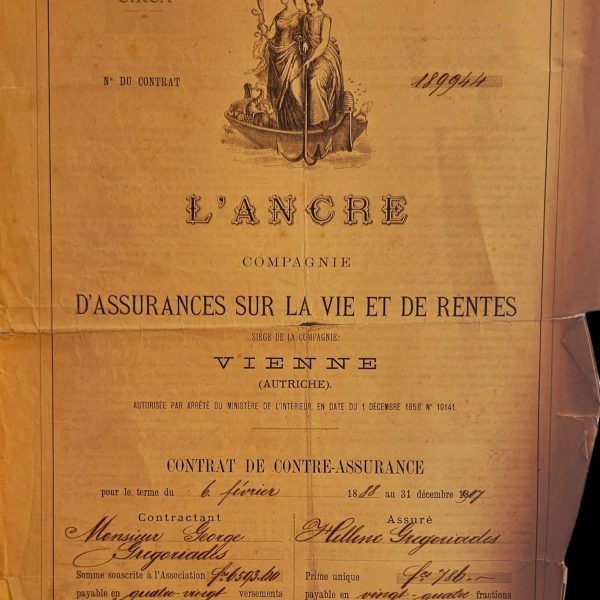 Life Insurance Contract – L’Ancre Company, Vienna & Smyrna (1888–1912)