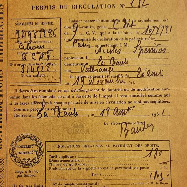 French Automobile Circulation Permit – Citroën (1931)