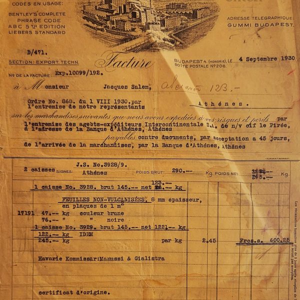 Set of Three Commercial Invoices – Hungarian Rubber Factory, Budapest to Athens (1930)