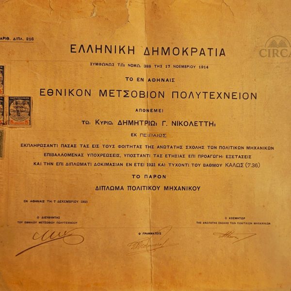 Δίπλωμα Πολιτικού Μηχανικού – Εθνικό Μετσόβιο Πολυτεχνείο, 1925