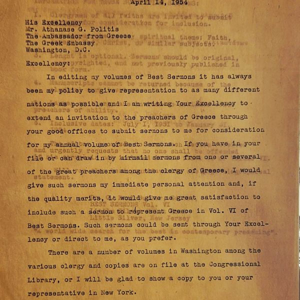 Greek Embassy in Washington – Correspondence on Orthodox Sermons for “Best Sermons” (1954)