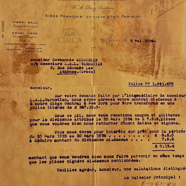 1924 L’Equitable des États-Unis Insurance Letter – Armenian Diaspora, Athens–Paris
