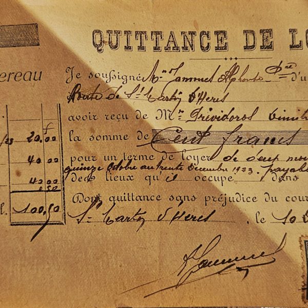 1923 French Rent Receipt Quittance de Loyer with Fiscal Stamp