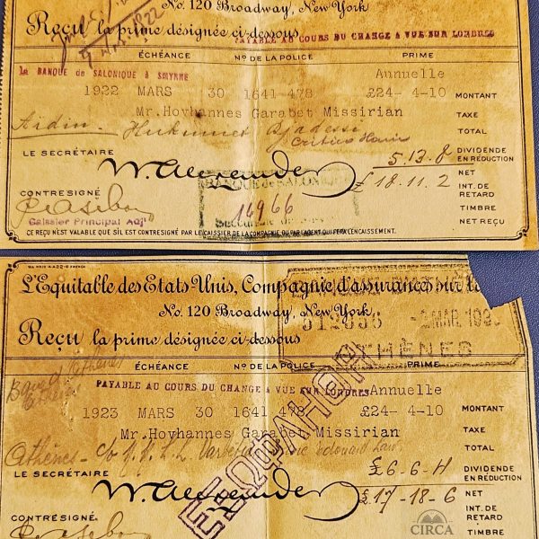 1922–23 Smyrna Insurance Receipts Equitable Life New York Greek Armenian Ephemera