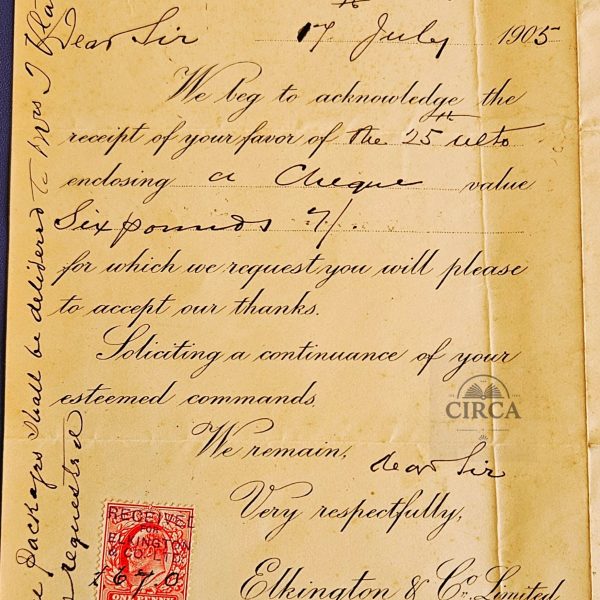 1905 Liverpool Business Letter Elkington & Co Silver Electroplate Revenue Stamp