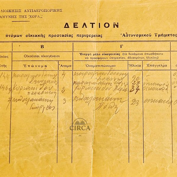 WWII Greece Occupation Civil Defense Document c.1942–44 Anti-Aircraft Form