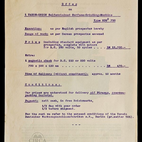 1938 NAXOS-UNION Surface Grinder Offer & 2 Prospectus Pre-WWII Germany Greece