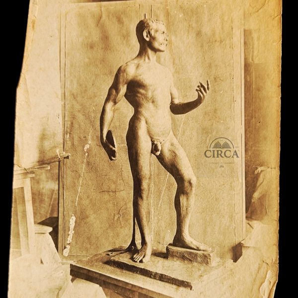 2 Antique Photos Academic Sculpture Nude Athlete with Discus c.1890