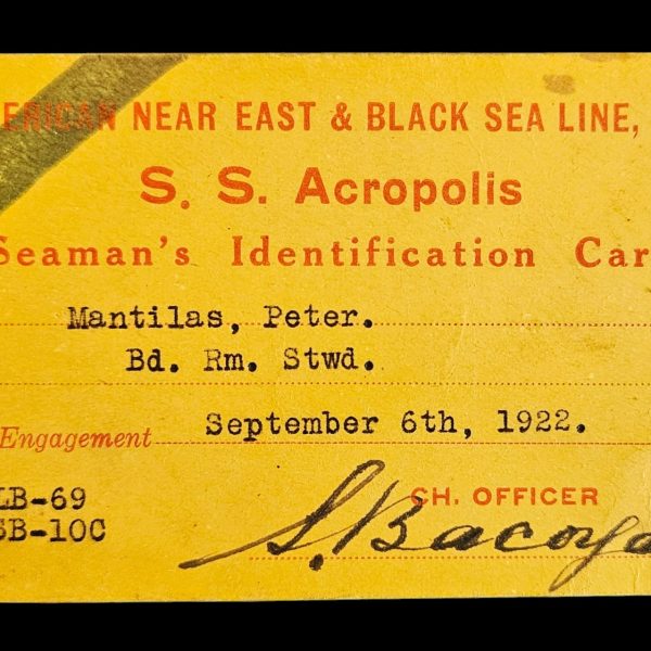 1922 Seaman Identification Card SS Acropolis American Line Maritime Ephemera Named Document