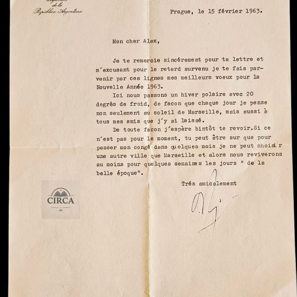 1963 Argentina Legation Prague Diplomatic Letter – French Correspondence